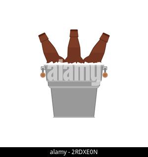 Glass bottles beer in a metal bucket with ice cubes. Vector illustration, clipart. Stock Vector