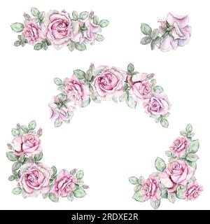 Watercolor hand drawn roses. Pink rose wreath, rose compositions, rose bouquets. Illustrations. Stock Photo