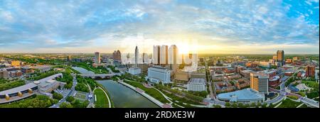 Panorama Columbus Ohio downtown at sunrise with river aerial drone shot Stock Photo