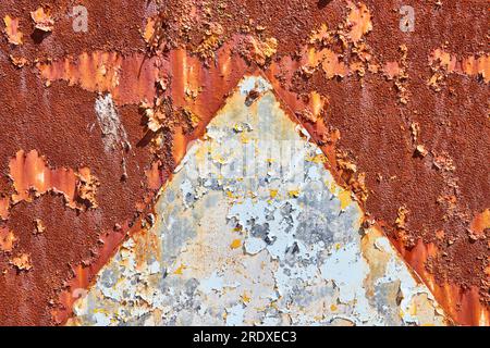 Silver pyramid, rusty wall background, asset, dirty brown, orange, rusted panel, corroding Stock Photo
