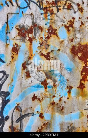 Textured vertical background asset of white paint with spray painted abstract words and rusty Stock Photo