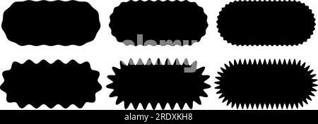 Zig zag edge oval shape collection. Jagged ellipse elements set. Black graphic design elements for decoration, banner, poster, template, sticker, badge. Vector Stock Vector