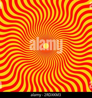 Optical illusion background. Orange and red abstract distorted wavy lines surface. Radial waves poster design. Torsion spiral illusion wallpaper. Vector illustration Stock Vector