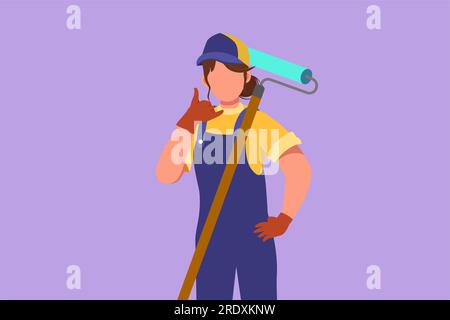 Cartoon flat style drawing active worker using the chainsaw. Wearing ...