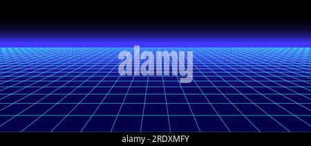 Retro futuristic grid background. Bright neon blue glowing tile floor in perspective. Lattice plane landscape wallpaper. Abstract horizontal checkered surface. Vector illustration  Stock Vector