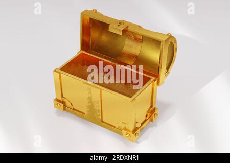 3D Illustration , Chest golden icon on white background . Open treasure box coffer concept. Stock Photo
