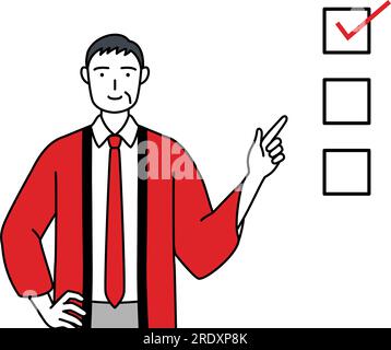Senior man wearing a red happi coat pointing at a whiteboard with an ...