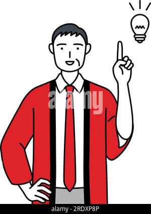 Senior man wearing a red happi coat scratching his head in distress ...