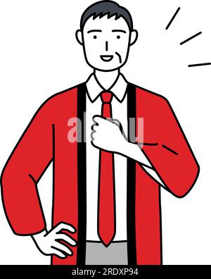 Senior man wearing a red happi coat stretching and standing tall ...