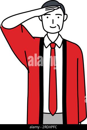 Senior man wearing a red happi coat making a salute, Vector Illustration Stock Vector