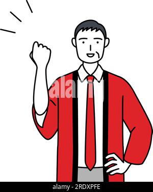 Senior man wearing a red happi coat posing with guts, Vector Illustration Stock Vector