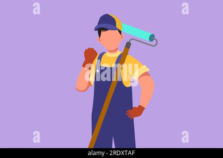 Cartoon flat style drawing handyman holding long paintbrush roll with celebrate gesture ready to work on painting wall, renovation, repairing damaged Stock Photo