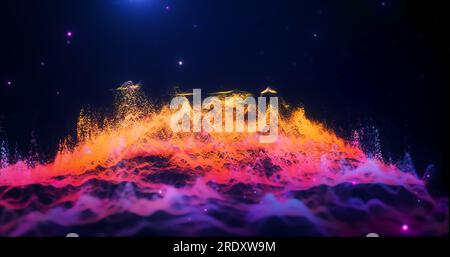 Abstract moving multicolored purple and yellow futuristic landscape of particles and dots of energetic magic with glow and blur effect, abstract backg Stock Photo