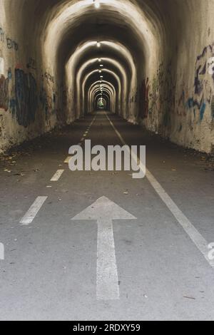 Narrow tunnel with arrow sign. Empty tunnel with directional sign. Entrance to the tunnel on Camino de Santiago. Lose yourself locally. Stock Photo