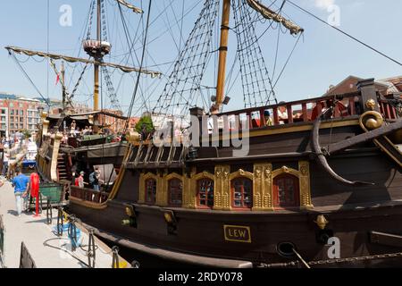 The Lew pirate galleon river cruise ship moored in the Old Town of Gdansk, Poland, Europe, EU Stock Photo