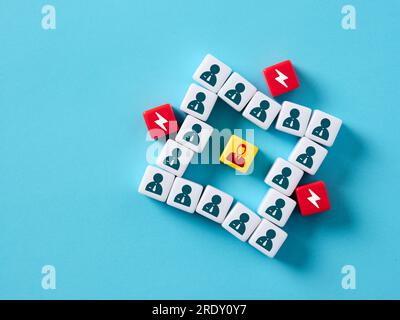 Risk management and aversiveness. Work pressure on the subordinates. Businessperson symbols on cubes on blue background. Stock Photo