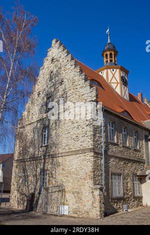 Stone wall of the historic town hall in Bad Salzelmen, Germany Stock Photo