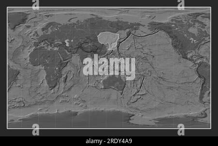 Amur tectonic plate on the bilevel elevation map in the Compact Miller projection centered meridionally. Stock Photo