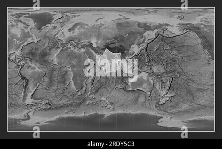 Indian tectonic plate on the grayscale elevation map in the Compact Miller projection centered meridionally. Stock Photo