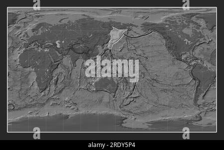 Okhotsk tectonic plate on the bilevel elevation map in the Compact Miller projection centered meridionally. Stock Photo