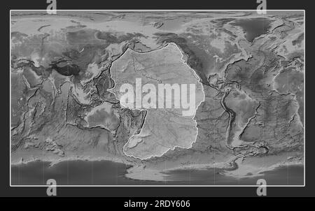 Pacific tectonic plate on the grayscale elevation map in the Compact Miller projection centered meridionally. Stock Photo