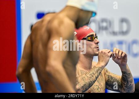 Fukuoka, Japan. 23rd July, 2023. Jacob Peters of Great Britain prepares to compete in the Men's Butterfly 50m Semifinal during the 20th World Aquatics Championships at the Marine Messe Hall A in Fukuoka (Japan), July 23rd, 2023. Credit: Insidefoto di andrea staccioli/Alamy Live News Stock Photo