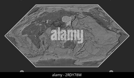 Amur tectonic plate on the bilevel elevation map in the Eckert I projection centered meridionally. Stock Photo