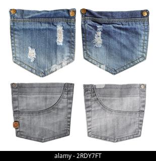 Set of ripped jeans pocket of indigo color and denim pocket of grey color. Isolated on white background Stock Photo