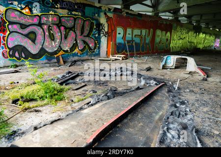 Contrasts between human detritus and ugliness, with nature's serene woodland.This image of graffiti by the Thames near Oxford does not show the traffi Stock Photo