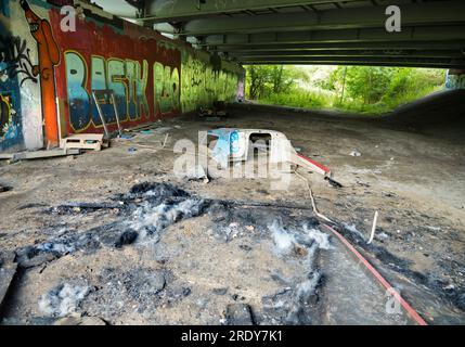 Contrasts between human detritus and ugliness, with nature's serene woodland.This image of graffiti by the Thames near Oxford does not show the traffi Stock Photo