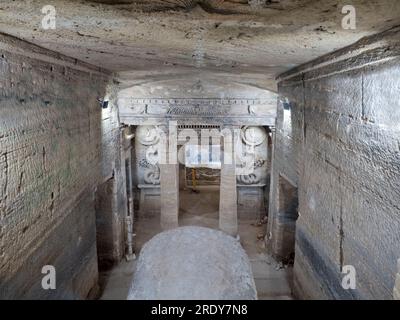 The catacombs of Kom El Shoqafa (Mound of Shards) is a famous archaeological site located in Alexandria, Egypt. The necropolis contains Alexandrian to Stock Photo