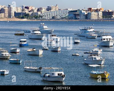 The city of Alexandria is located on the northern, Mediterranean coast of Egypt, to the West of the Nile Delta. Founded around 331 BC by Alexander the Stock Photo