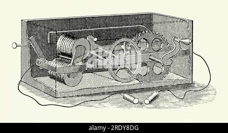 An old engraving of an electrical magneto used for medical purposes from the mid-1800s. It is from a Victorian mechanical engineering book of the 1880s. The magneto was used for treatment of mental illness in the beginnings of electromedicine. In 1850 French doctor Duchenne de Boulogne developed a magneto for clinical experiments in neurology. In the USA Ari Davis (c.1811–1855), a skilled American craftsman, who received two patents for a similar device in 1854. Stock Photo