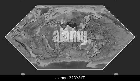 Indian tectonic plate on the grayscale elevation map in the Eckert I projection centered meridionally. Stock Photo