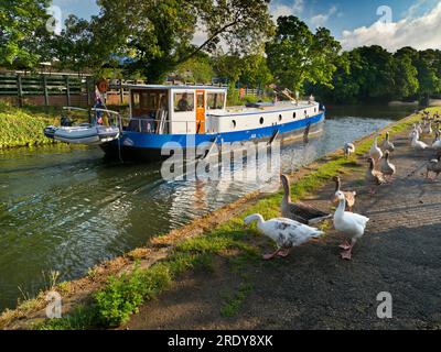 The Thames at Abingdon, early on a summer morning. A houseboat passes by Abingdon Bridge.This famous medieval Bridge was begun in 1416 and completed i Stock Photo