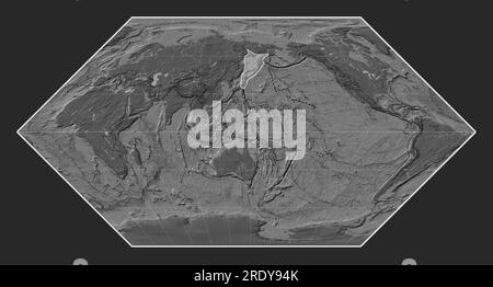 Okhotsk tectonic plate on the bilevel elevation map in the Eckert I projection centered meridionally. Stock Photo