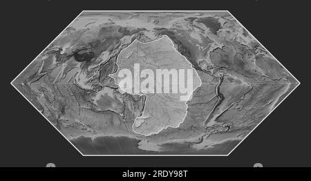 Pacific tectonic plate on the grayscale elevation map in the Eckert I projection centered meridionally. Stock Photo