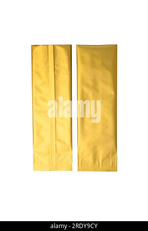 Golden metalized side gusset pouch bags isolated on white background. Empty blank foil packaging template mockup. Trendy aluminium metallic coffee and Stock Photo