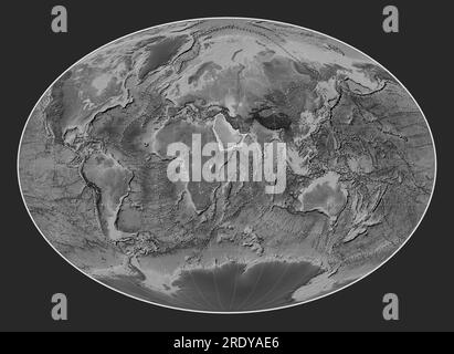 Arabian tectonic plate on the grayscale elevation map in the Fahey projection centered meridionally. Boundaries of other plates Stock Photo