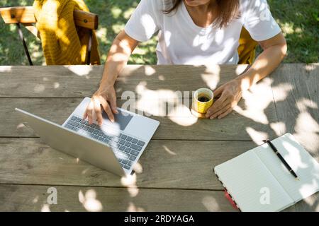 Female freelancer working on laptop at table Stock Photo
