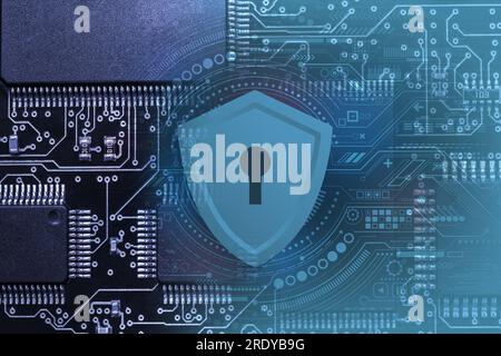 printed circuit board with active and passive surface mounted components close up. Cyber security concept Stock Photo