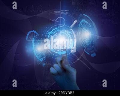 Woman's hand touching futuristic digital HUD interface with index finger. Technology background of virtual computer user interface screen display. Aug Stock Photo