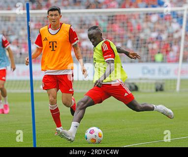 Munich, Germany. 23rd July, 2023. Sadio Mane (R) shoots during a pre-season training session at Allianz Arena in Munich, Germany, July 23, 2023. Credit: Philippe Ruiz/Xinhua/Alamy Live News Stock Photo