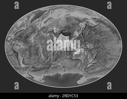 Indian tectonic plate on the grayscale elevation map in the Fahey projection centered meridionally. Stock Photo