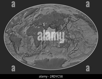 Indian tectonic plate on the bilevel elevation map in the Fahey projection centered meridionally. Stock Photo