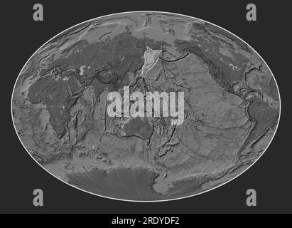 Okhotsk tectonic plate on the bilevel elevation map in the Fahey projection centered meridionally. Stock Photo