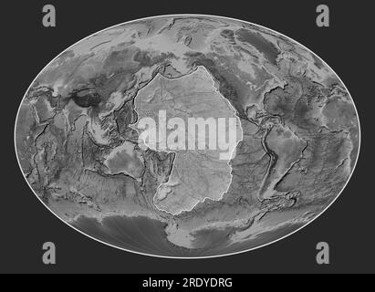 Pacific tectonic plate on the grayscale elevation map in the Fahey projection centered meridionally. Stock Photo