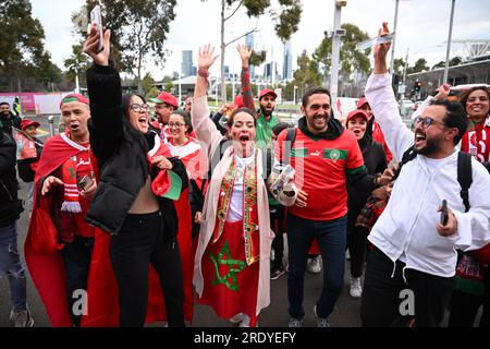 Melbourne, Australia. 24th July, 2023. Soccer, Women: World Cup, Germany - Morocco, Preliminary Round, Group H, Matchday 1, Melbourne Rectangular Stadium, Moroccan fans celebrate outside the stadium before the start of the match. Credit: Sebastian Christoph Gollnow/dpa/Alamy Live News Stock Photo