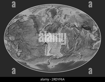 South American tectonic plate on the grayscale elevation map in the Fahey projection centered meridionally. Stock Photo