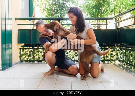 Happy couple playing with dog in the park outdoor Stock Photo - Alamy